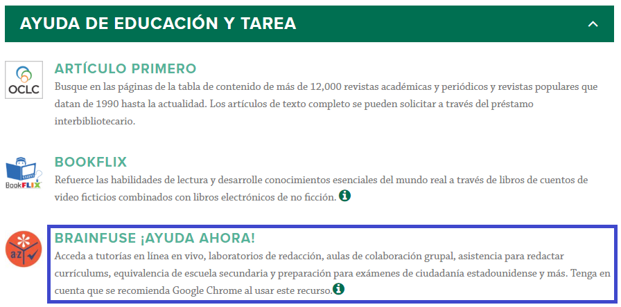 ¿Necesita Ayuda con la Tarea? Brainfuse HelpNow! Tutores en Espanol, Fountaindale Public Library