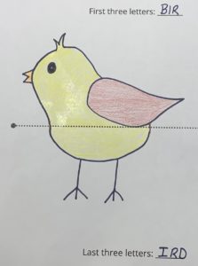Drawing of a small yellow bird with red wings.