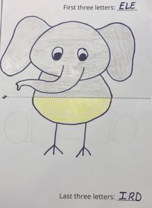 Drawing showing an animal made up of the head and shoulders of a gray elephant and the belly and legs of a yellow bird
