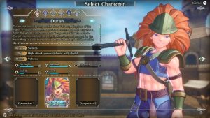 The initial character select screen, showing Duran in the main character position with a short bio and stats. The two companion slots are empty.