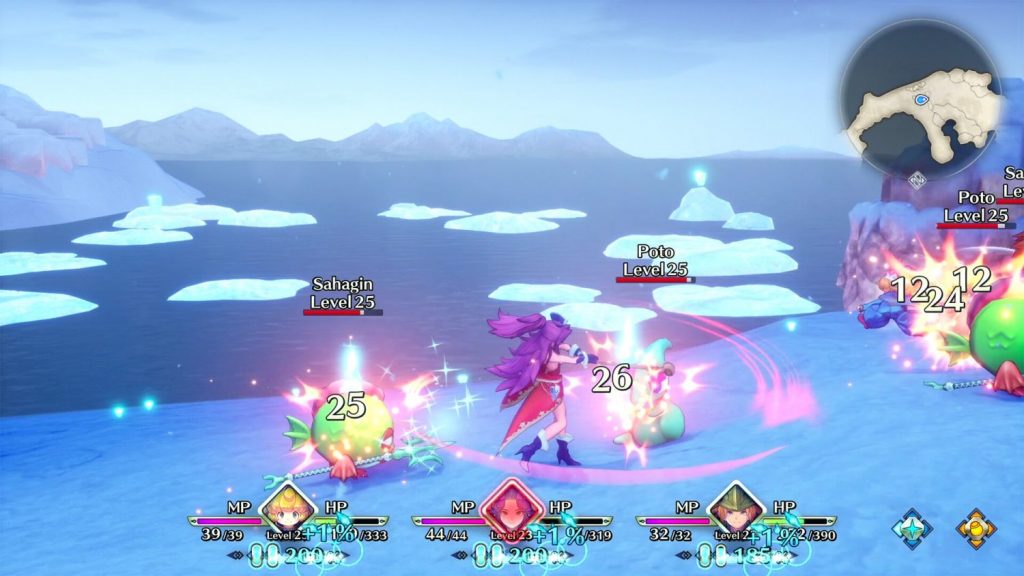 A screenshot of the main gameplay screen. Angela is fighting round fish creatures, while various status bars and damage numbers appear and update.