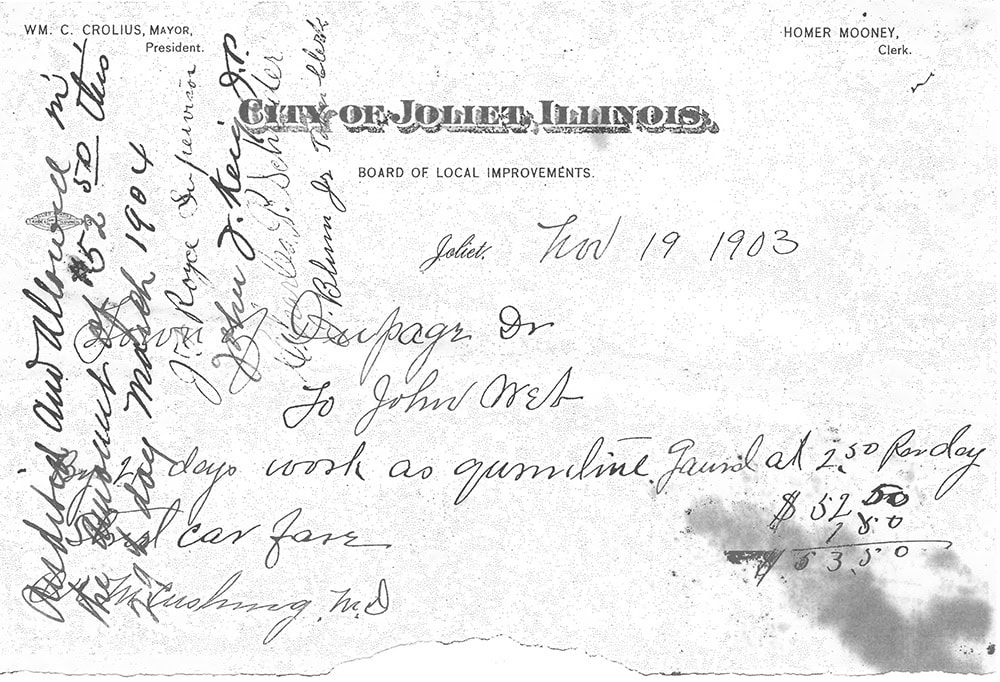A 1903 City of Joliet, Illinois, Board of Local Improvements receipt noting days worked at $2.50 per day, totaling $7.50, with handwritten annotations and signatures.