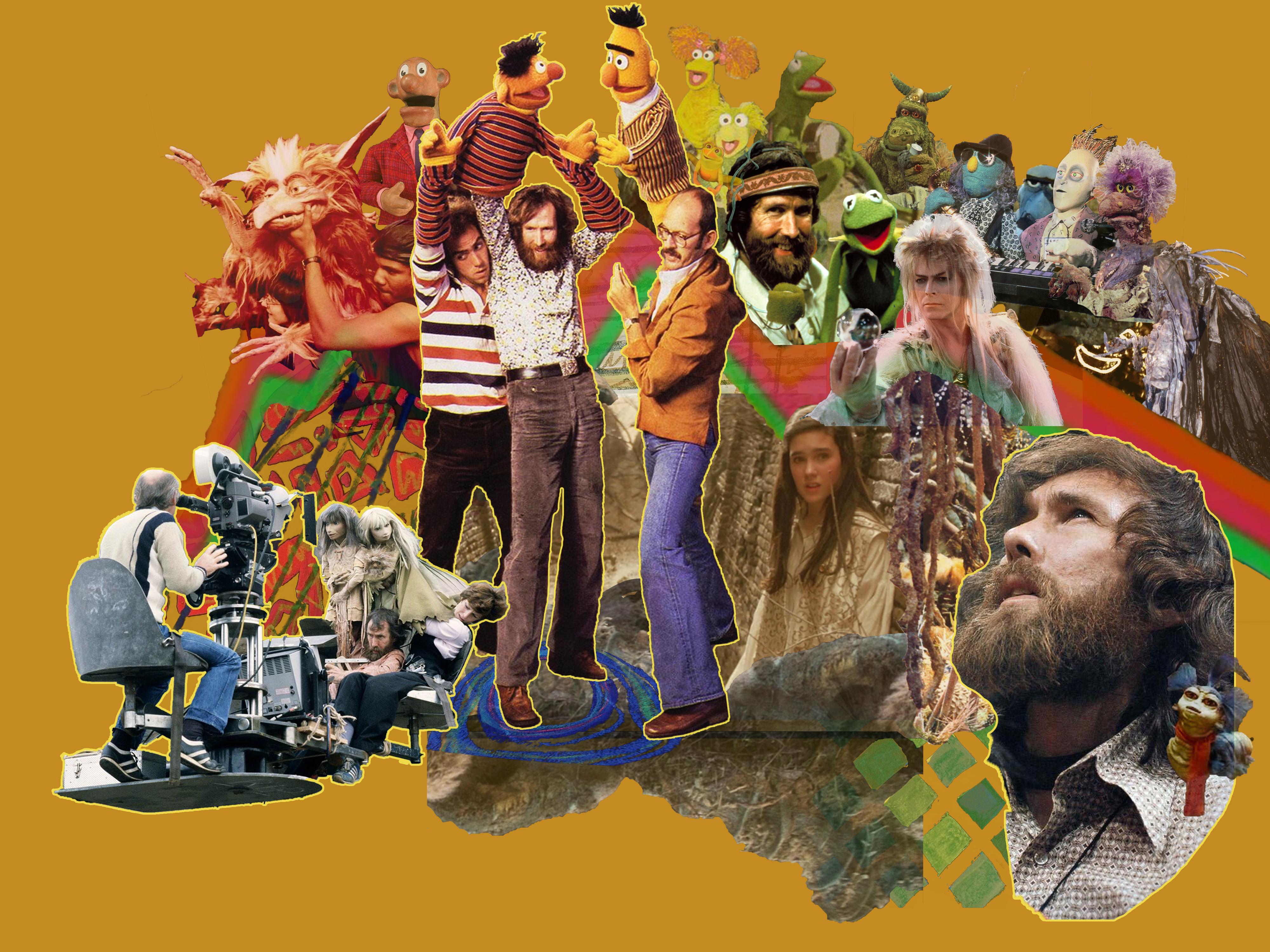 collage on an ochre background depicting photos of Jim Henson alongside his puppets and stills of his films