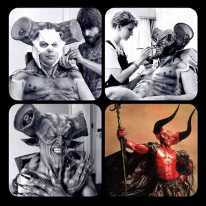 four photographs in a grid depicting a man, Tim Curry, getting extensive makeup applied to become a devilish monster