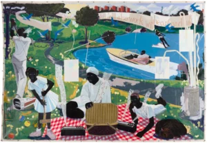 painting depicting a Black family clad in white picnicking on a red gingham and playing games at a park
