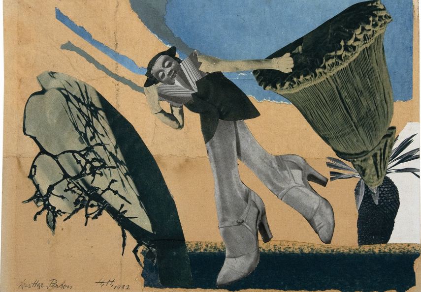 collage with human and sculptural elements forming a humanoid figure moving awkwardly across a beige and blue background