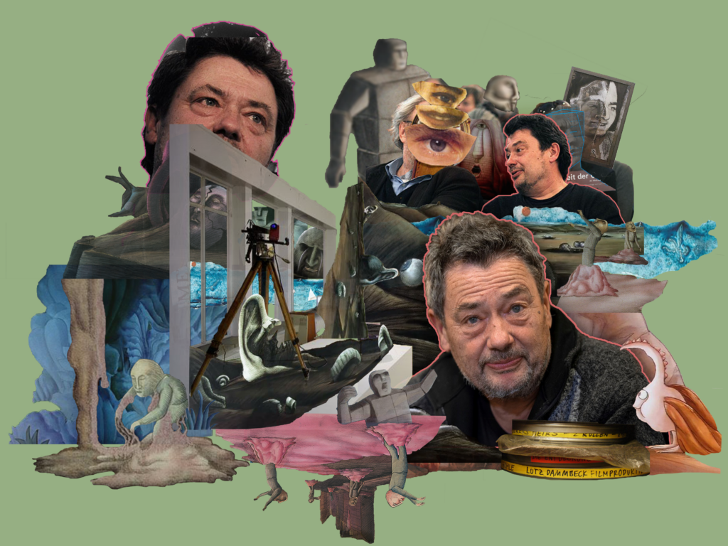 collage with images of Lutz Dammbeck surrounded by elements of his animation and multimedia work in gray, brown, blue and pink tones on a soft green background
