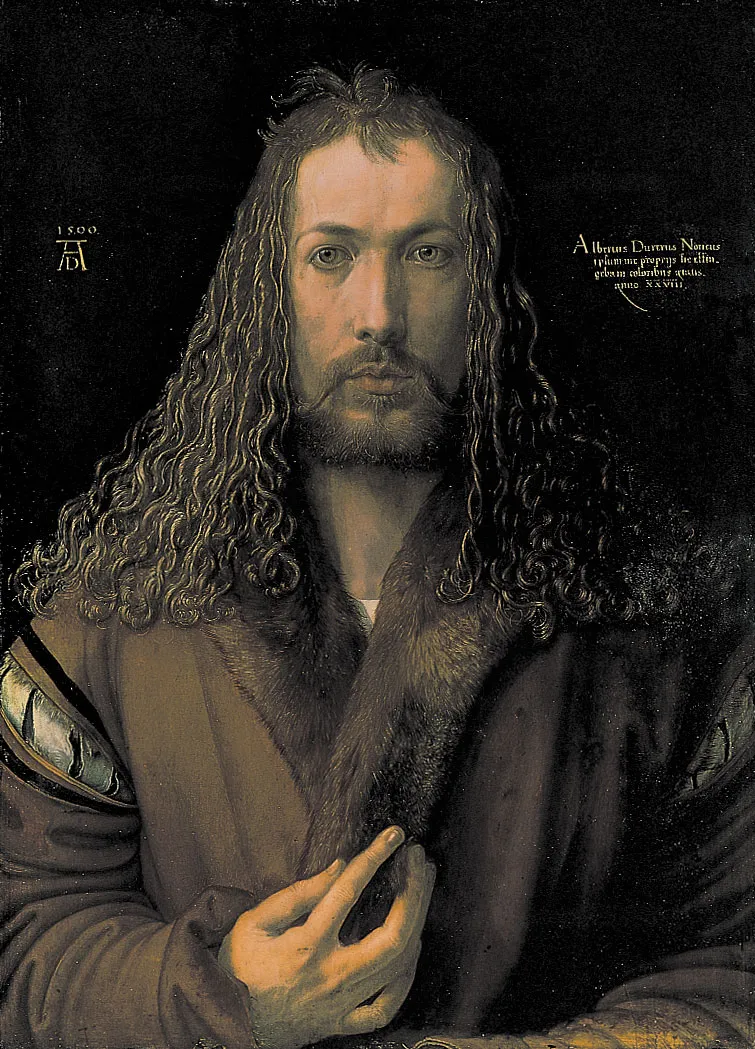 Rennaissance painting depicting man with long, curly hair and wearing a dull brown, fur-lined coat staring directly forward against a black background 