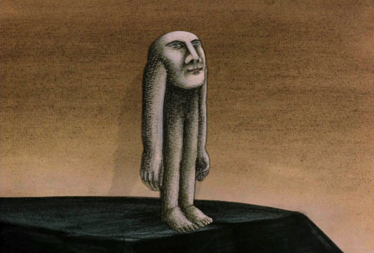 still of hand-drawn animation depicting strange, marble-white humanoid figure with a head, arms and legs but no torso in front of a dull orange background