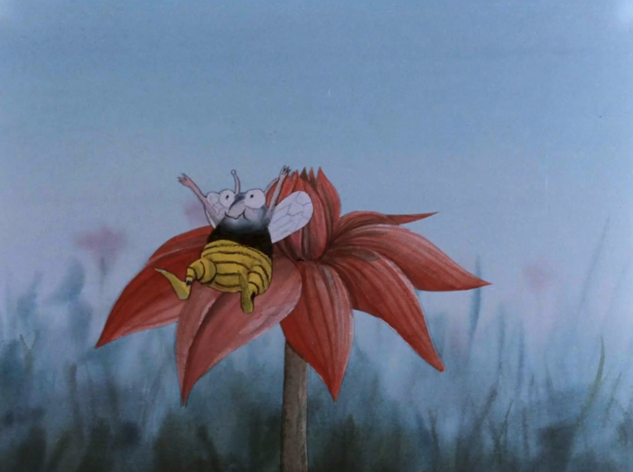 still of hand-drawn animation depicting a cartoonish bumblebee bouncing on a red flower in front of a misty blue background