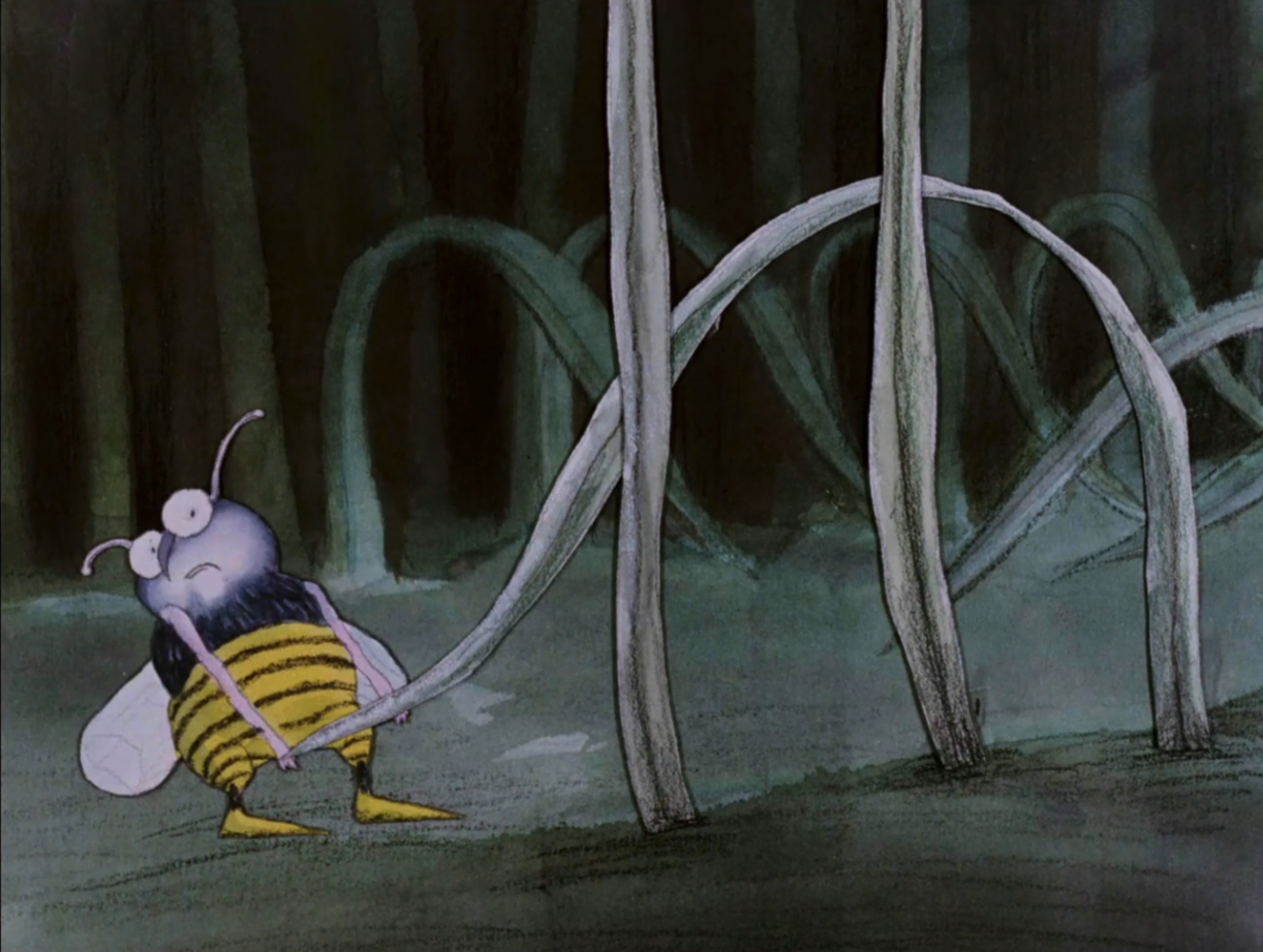 still of hand-drawn animation depicting bumblebee lifting a single blade of grass in a gray-green environment