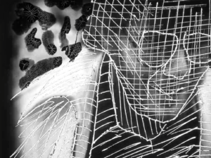 still of non-camera animation depicting man's face outlined and drawn over with scratches directly into the film