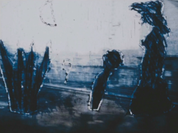still of non-camera animation depicting abstract figures and vaguely botanical forms drawn on film in black scribbled marks and outlined with scratches directly into the film