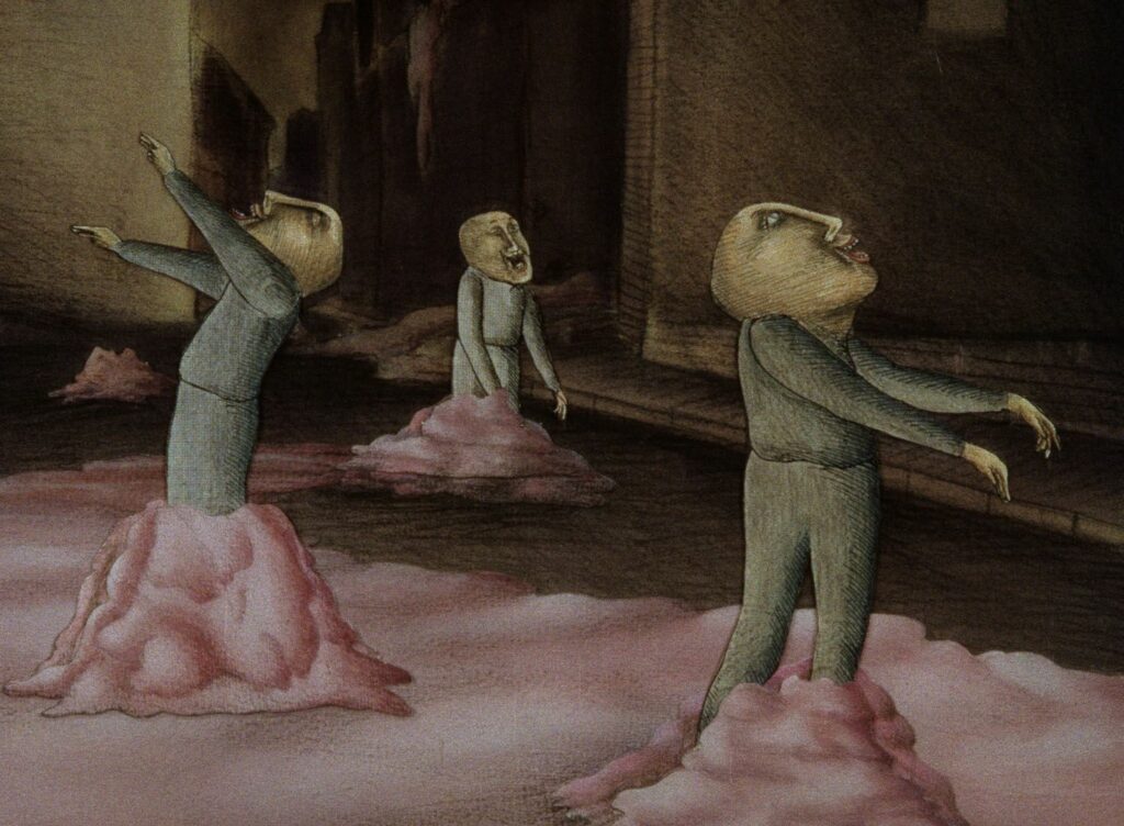 still from hand-drawn animation depicting generic gray-clothed humanoid figures with legs trapped in pink goo and arms extended in praise in a dull brown city street