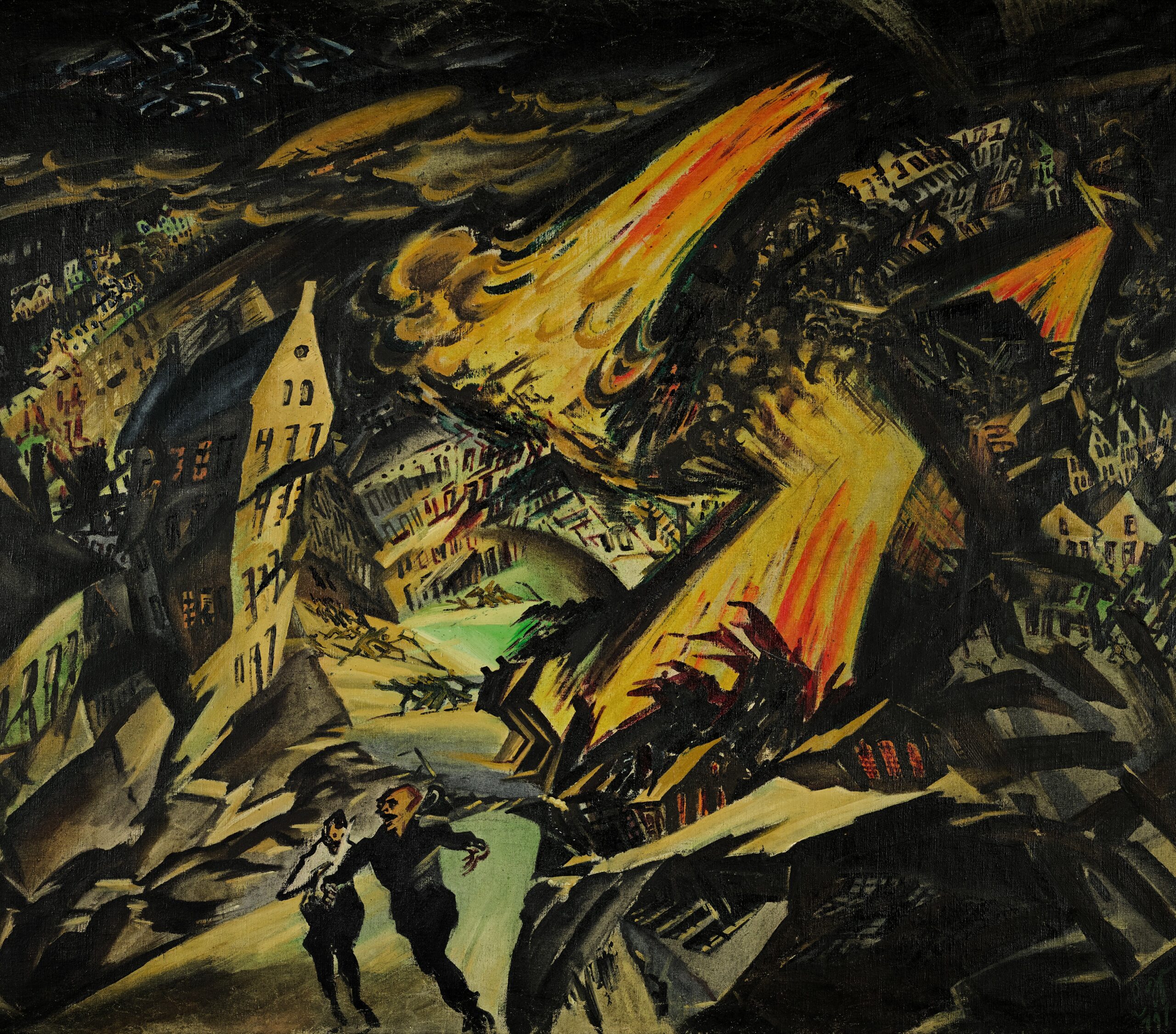 abstract painting with yellow tones and thick, black brushstrokes depicting a city in the throes of war as two figures flee to the foreground in the lower left corner