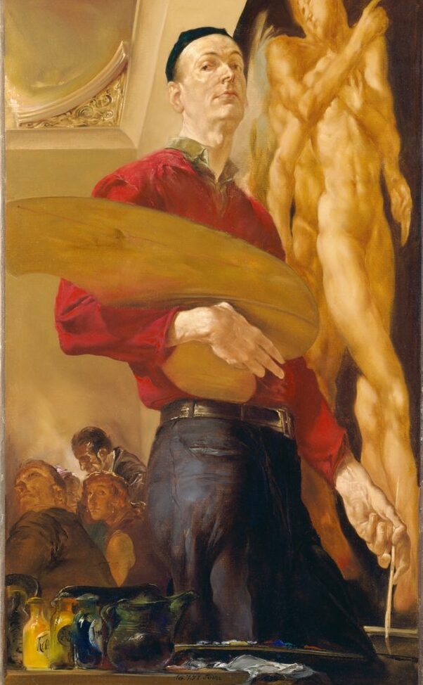 painting with mostly gold-yellow tones depicting a man in a red shirt holding a paintbrush and a large artist's palette and staring down at the viewer