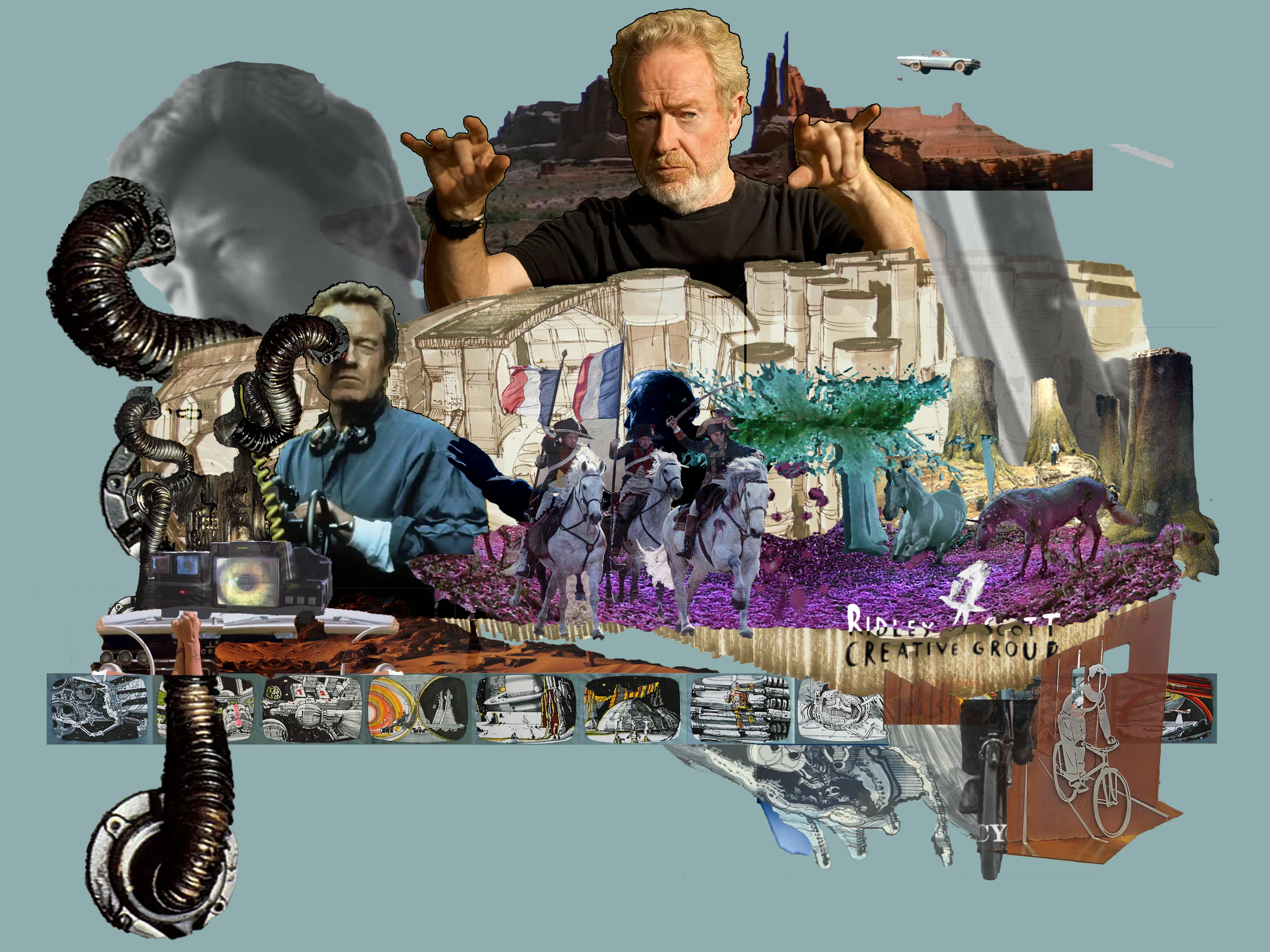 artistic photomontage of images of director Ridley Scott with film stills and Ridleygrams from his directorial career