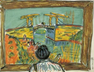 colorful drawing of a man seen from the shoulder up, gazing at a painting of a bridge by Vincent van Gogh