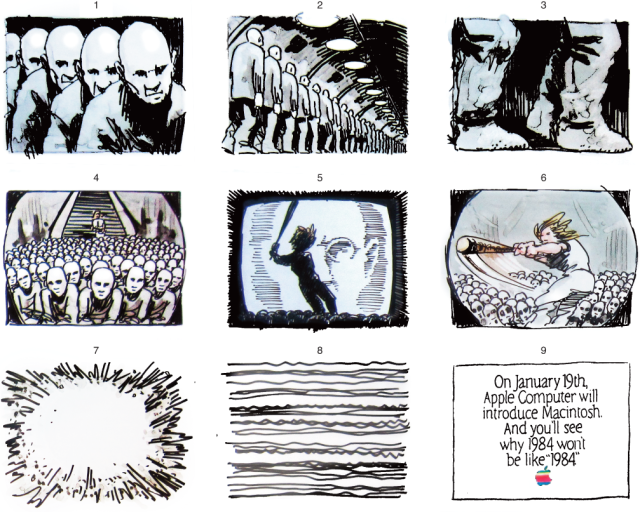 9 black and white drawings in a grid depciting scenes for a commercial, last frame stating "On Janurary 19th, Apple Computer will introduce Macintosh. And you'll see why 1984 won't be like "1984"