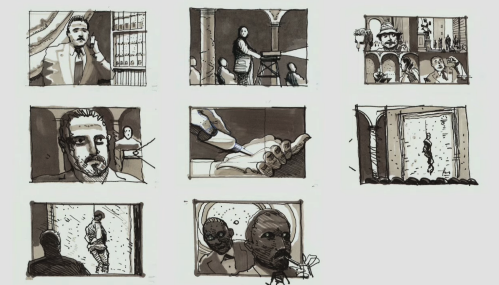 8 black and white drawings laid out in a grid depicting scenes from the film Hannibal