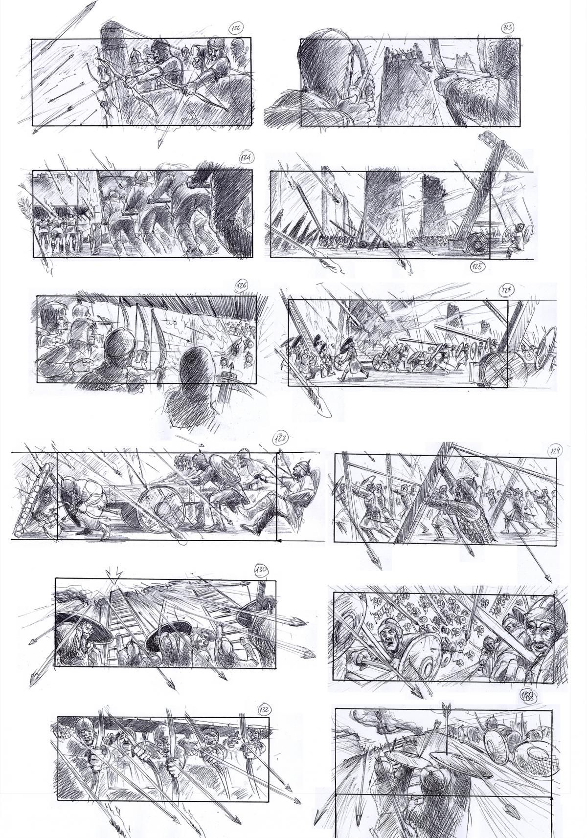 12 black and white drawings in a 2 column grid depicting soldiers shooting arrows and the chaos of battle