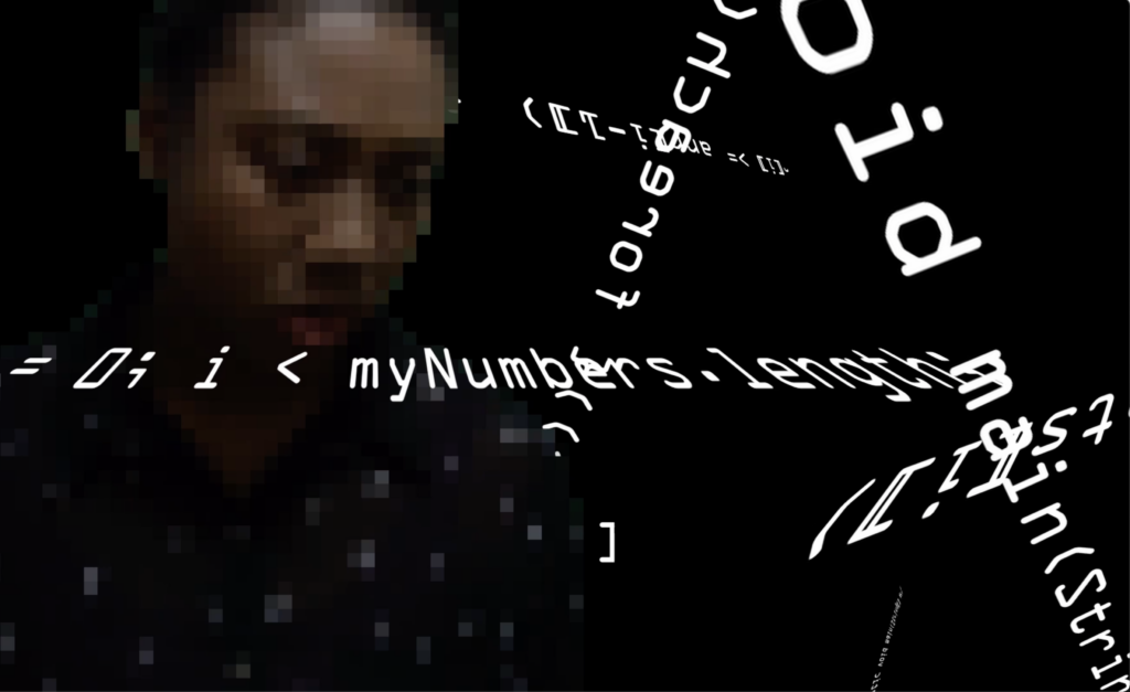 film still depicting young woman whose features have been pixelated as she stands in a black void surrounded by shifting programming code