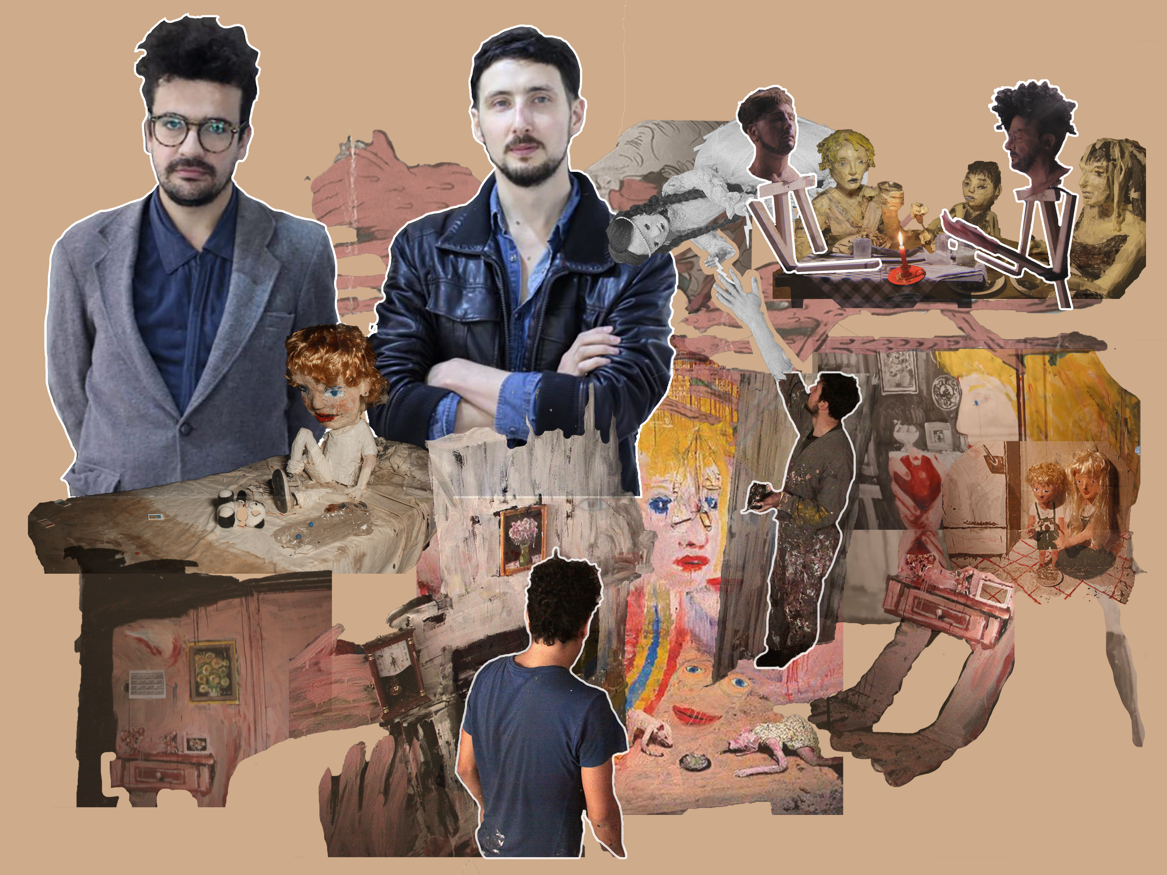 collage of filmmakers Cristobal León & Joaquín Cociña surrounded by stills from their stop motion animations