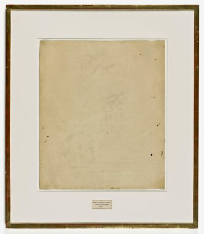 photograph of a framed work on paper, yellowed with age. A drawing can be seen faintly, but has since been erased away