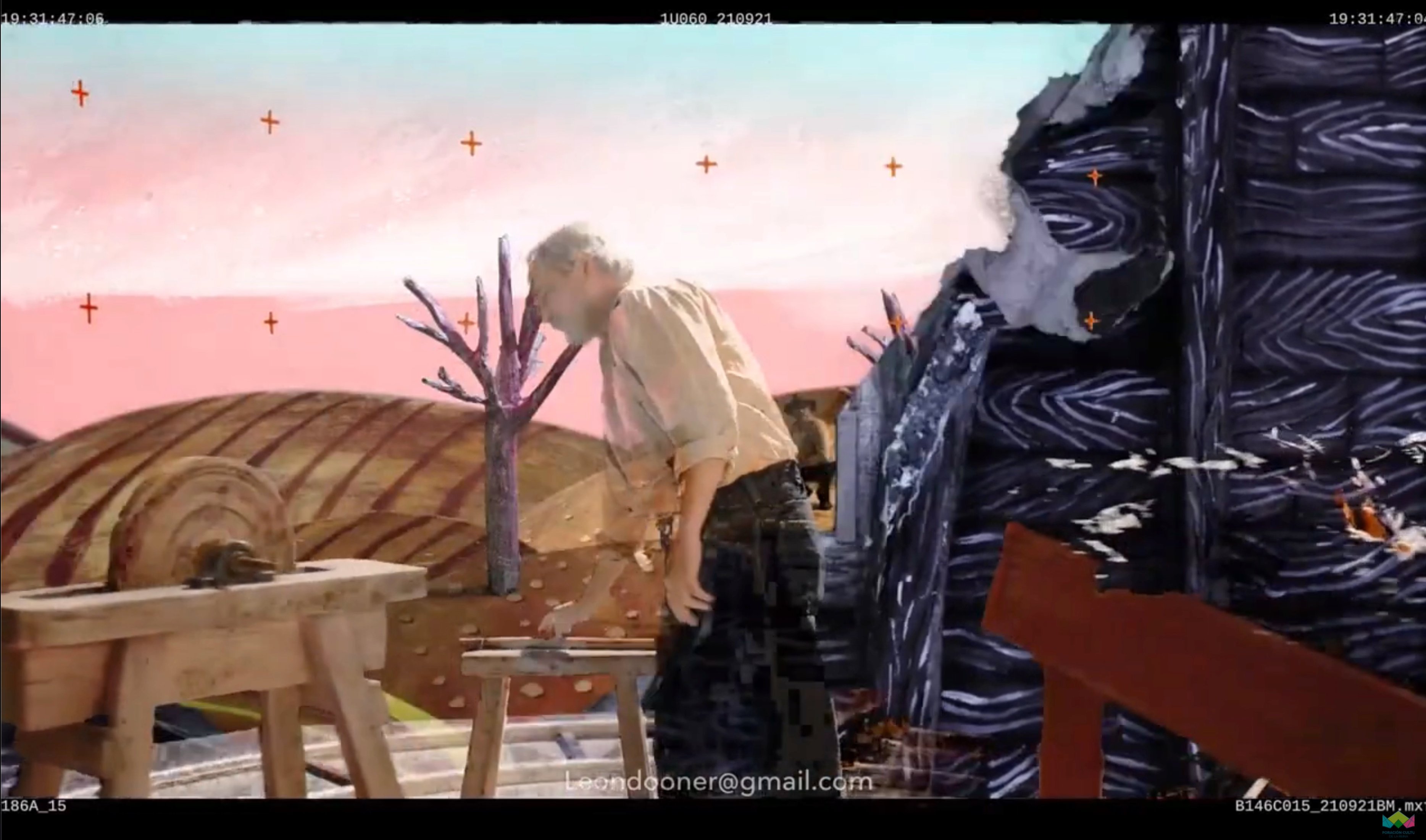 unfinished film still depicting preliminary compositing of live actor and hand-drawn backgrounds