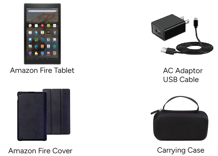 Photo of Amazon Fire Tablet, AC adapter with USB cable, Amazon Fire cover and a carrying case.