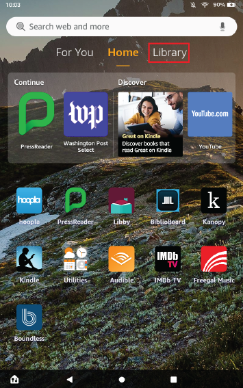 Tablet home screen displaying various app icons including PressReader, Kindle, Hoopla, Libby, and Audible, with the "Library" tab highlighted at the top.