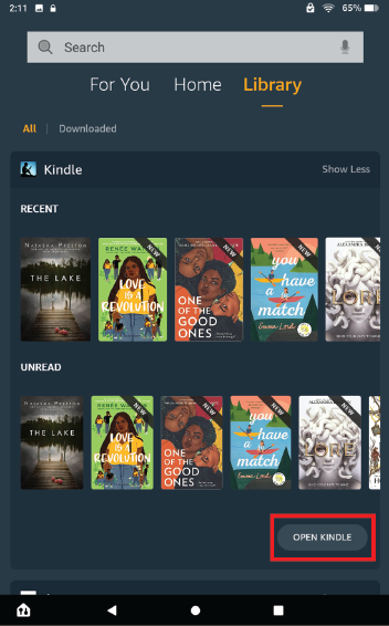 Fire Tablet screen with Open Kindle highlighted