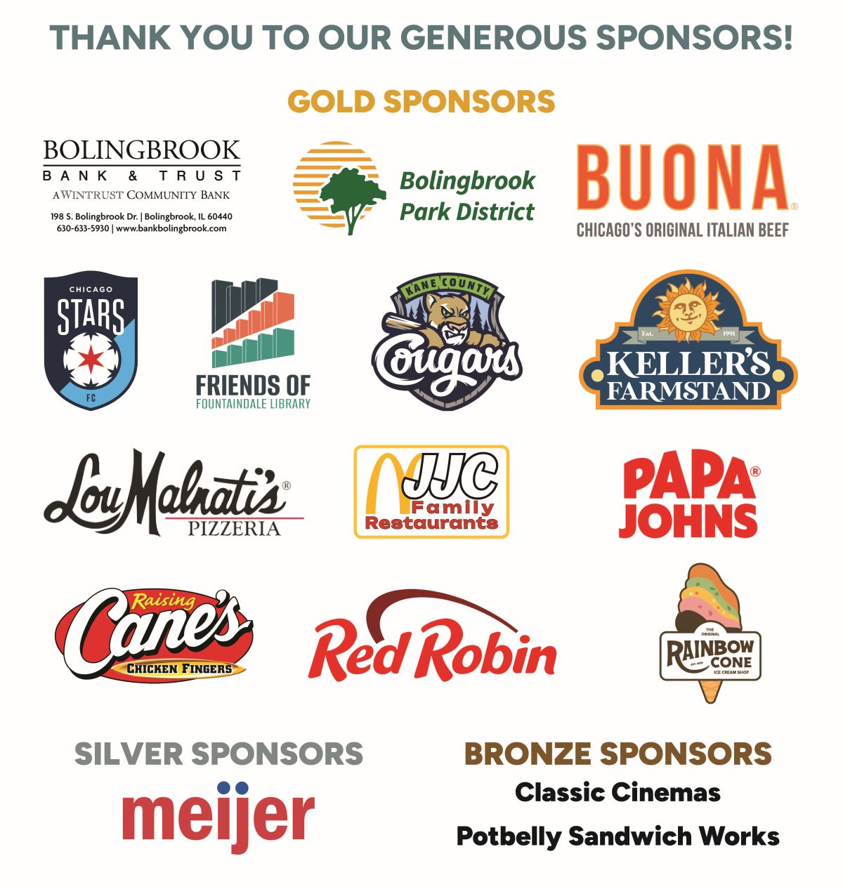 Sponsor logos grouped by tier: gold, silver, and bronze. Gold sponsors include Bolingbrook Bank & Trust, Buona, Lou Malnati’s, Papa John's, and others. Silver: Meijer. Bronze: Classic Cinemas, Potbelly.