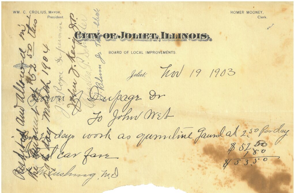 A handwritten 1903 receipt from the City of Joliet, Illinois, Board of Local Improvements, detailing payment for 3 days' work as a guard, totaling $7.50.