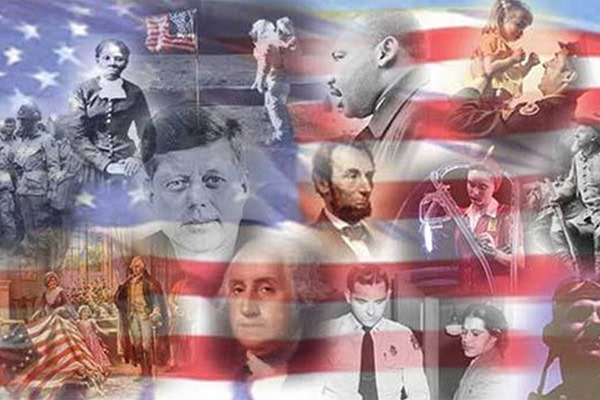 Collage depicting various iconic figures and moments from United States history, overlaid on an American flag