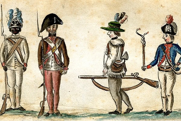Title: Soldiers in Uniform. A watercolor from the American War of Independence by Jean Baptiste Antoine de Verger.