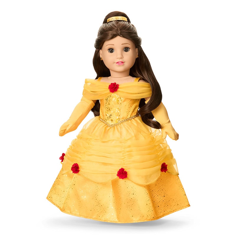 Disney's Belle wearing a gold gown with red flower accents
