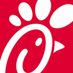 Red background with a white stylized chicken head logo, featuring a beak and three oval shapes suggesting a comb.