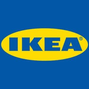 IKEA logo with bold blue letters set in a yellow oval on a blue background.