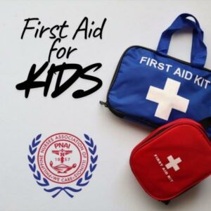 First aid kits are displayed next to the text First Aid for Kids and the logo of the Philippine Nurses Association