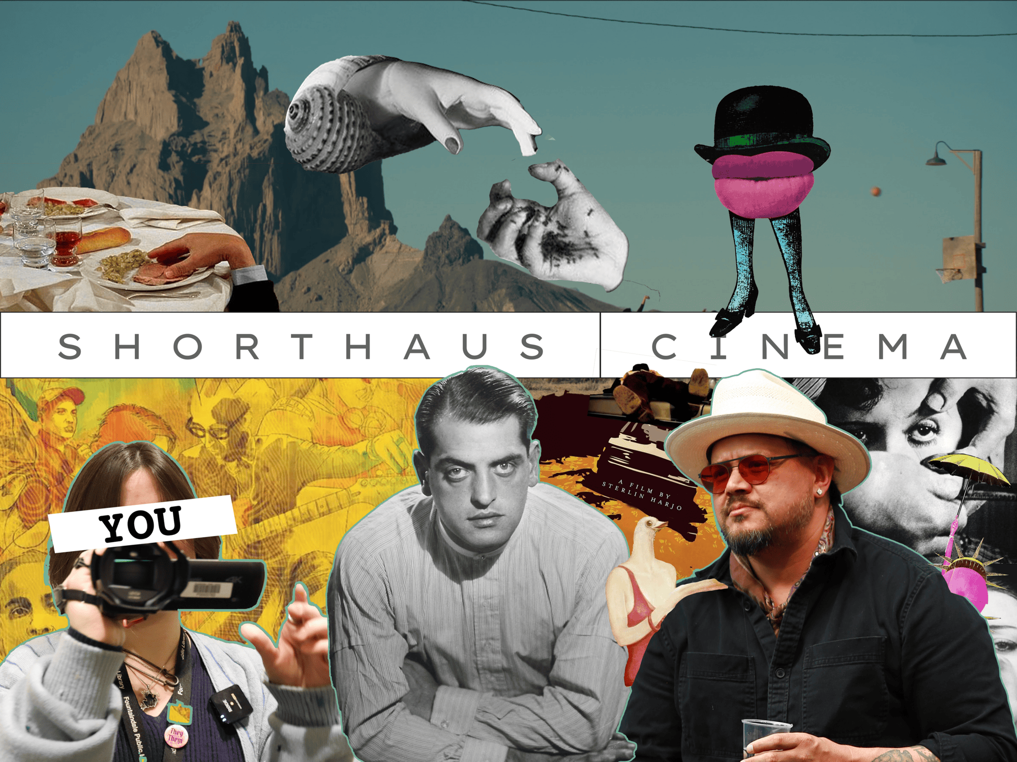 A collage with mountains, food, hands, a snail, bold text reading