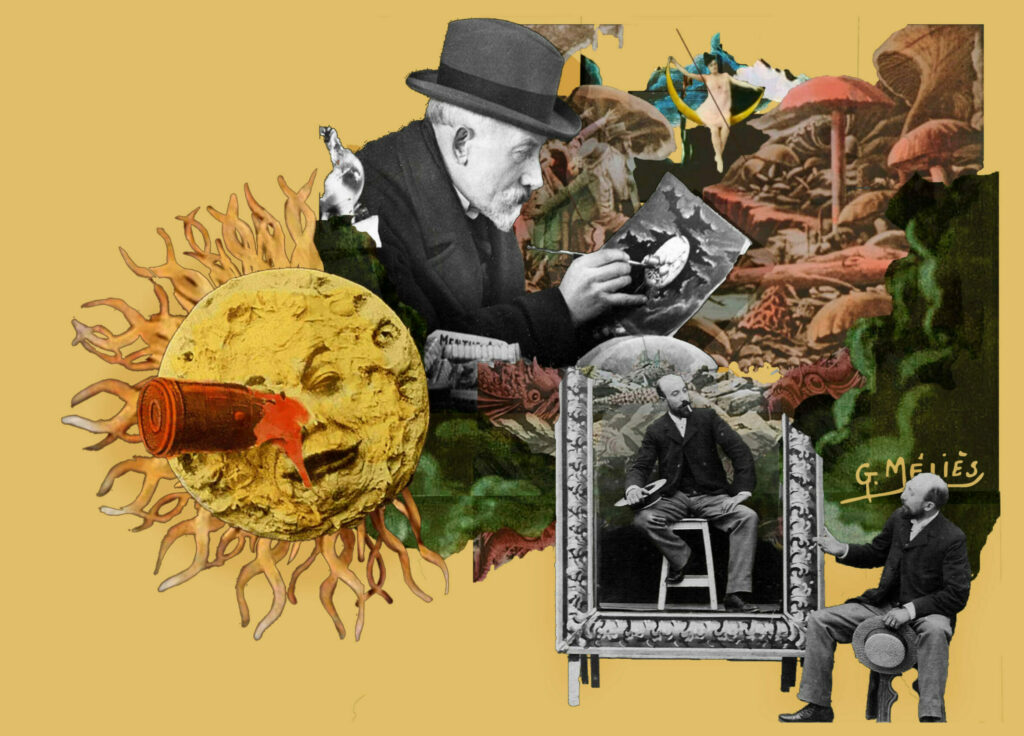 collage featuring French director Georges Melies surrounded by scenes from his films on a yellow background