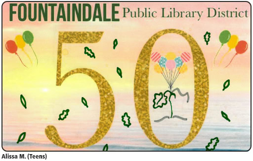 Anniversary Library Card style 2, with balloons and the text 50 in front of a sunset over water created by Alissa M.