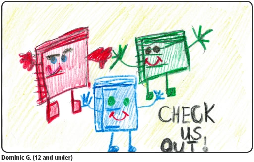 Anniversary Library Card style 3, with drawings of books and the text check us out! created by Dominic G.
