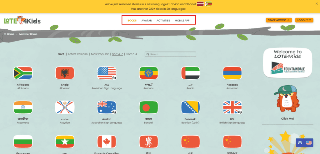 Screenshot of the LOTE4Kids website homepage showing language options, book selections, playlists, and navigation tabs for books, activities, and a mobile app.