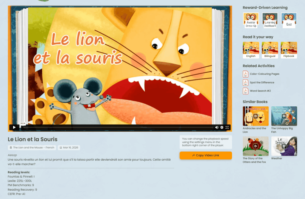 Screenshot of a children's story video titled Le lion et la souris 