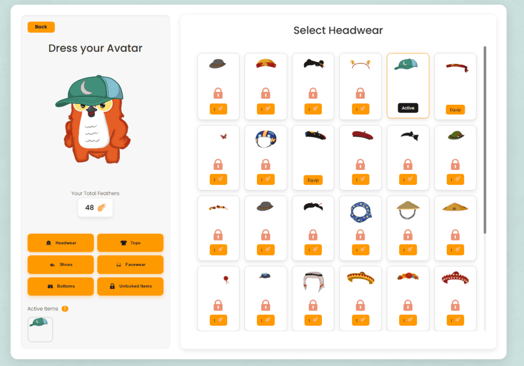 Lote4Kids "Dress My Avatar" interface shows an owl avatar wearing a green cap. Various headwear options, some locked, are displayed on the right for avatar customization.