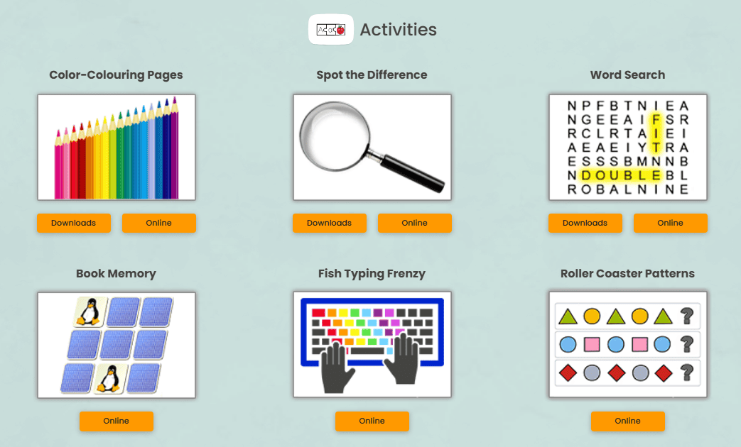 A webpage displays activity options for children, including coloring pages, word search, spot the difference, book memory, fish typing frenzy, roller coaster patterns, painting, dot-to-dot, and word match.