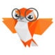A geometric, orange and white cartoon bird with large round glasses