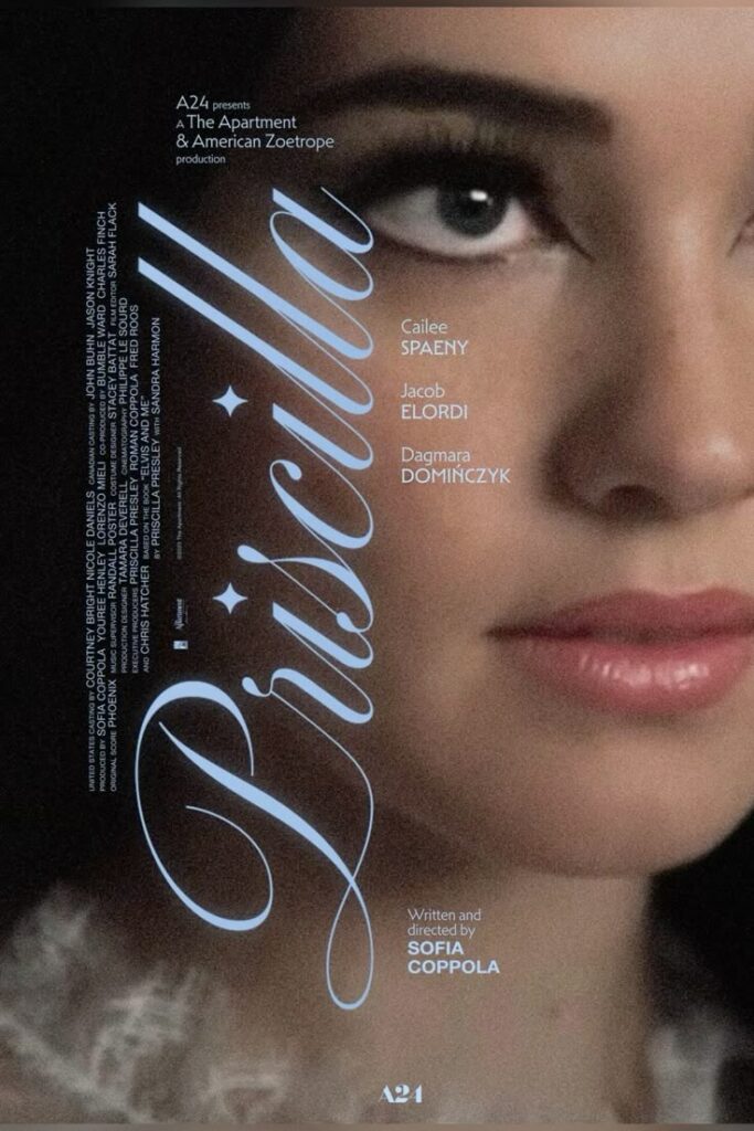 Close-up of a woman's face with text overlay for the film "Priscilla," including cast and crew names, in a soft, muted color palette.